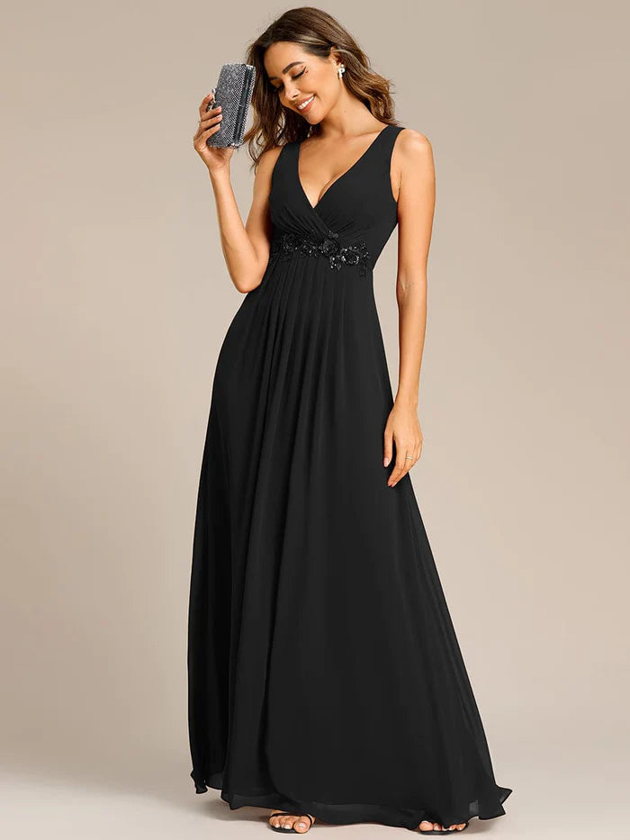 Floral Applique Sleeveless Chiffon Long Formal Evening Dress/Prom  Dresses