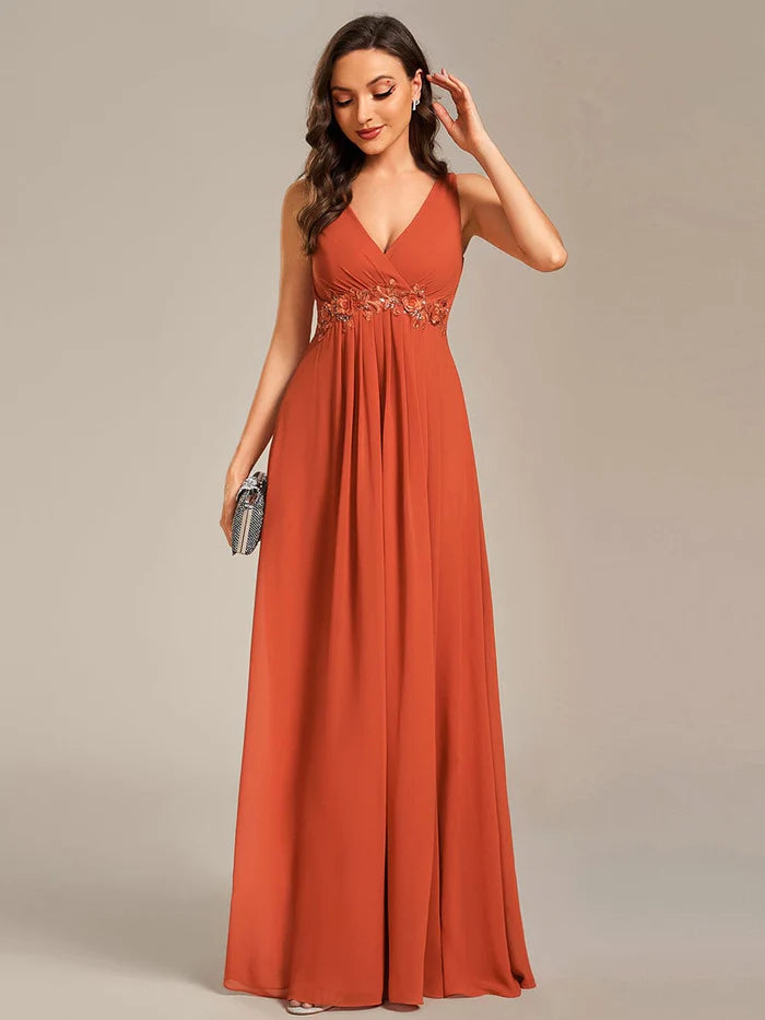Floral Applique Sleeveless Chiffon Long Formal Evening Dress/Prom  Dresses