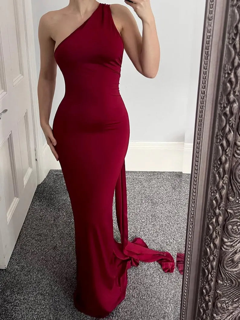 Buyishang Backless Maxi Slip Burgundy Fishtail Halterneck Dress Prom Evening Gown