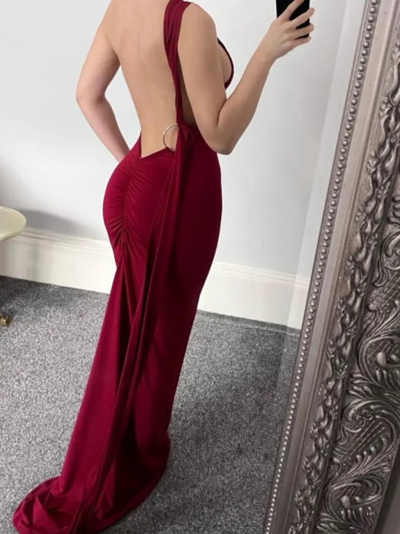 Buyishang Backless Maxi Slip Burgundy Fishtail Halterneck Dress Prom Evening Gown