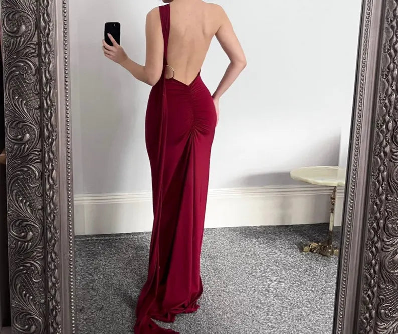 Buyishang Backless Maxi Slip Burgundy Fishtail Halterneck Dress Prom Evening Gown