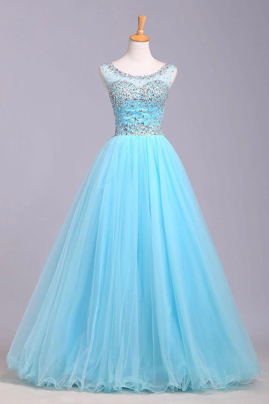 Ball Gown Blue Scoop Sequins Organza Long Elegant Party Dresses