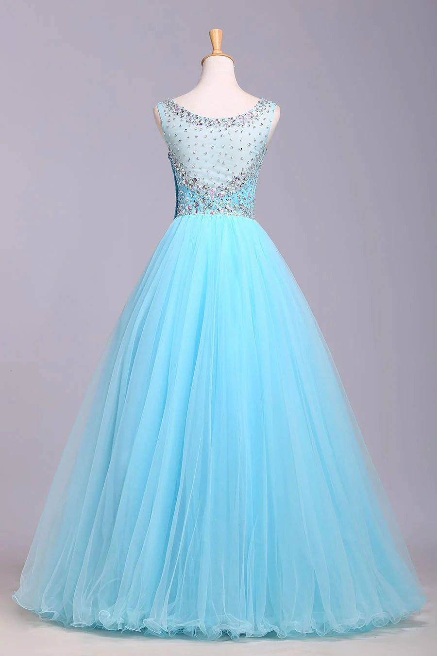 Ball Gown Blue Scoop Sequins Organza Long Elegant Party Dresses