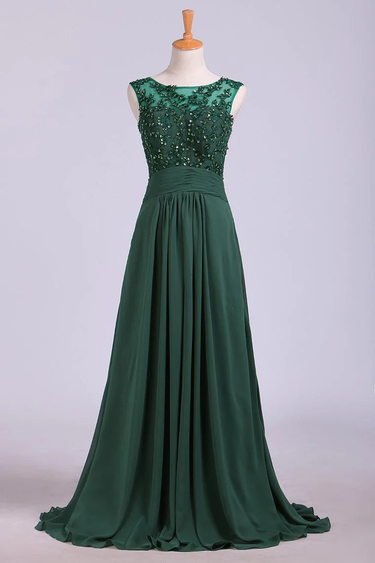 Bateau Neckline Embellished Tulle Bodice With Beaded Applique Chiffon Party Dress