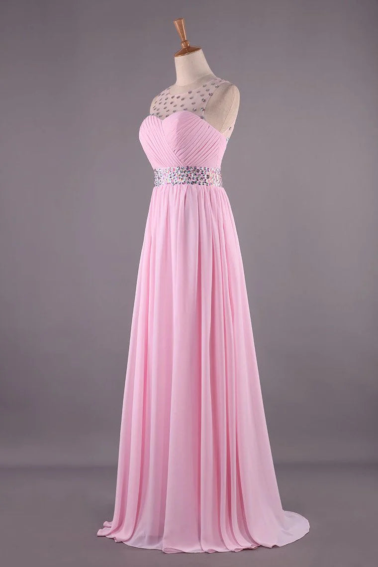 Bateau Princess Sweep Train Party Dresses Tulle And Chiffon Beaded