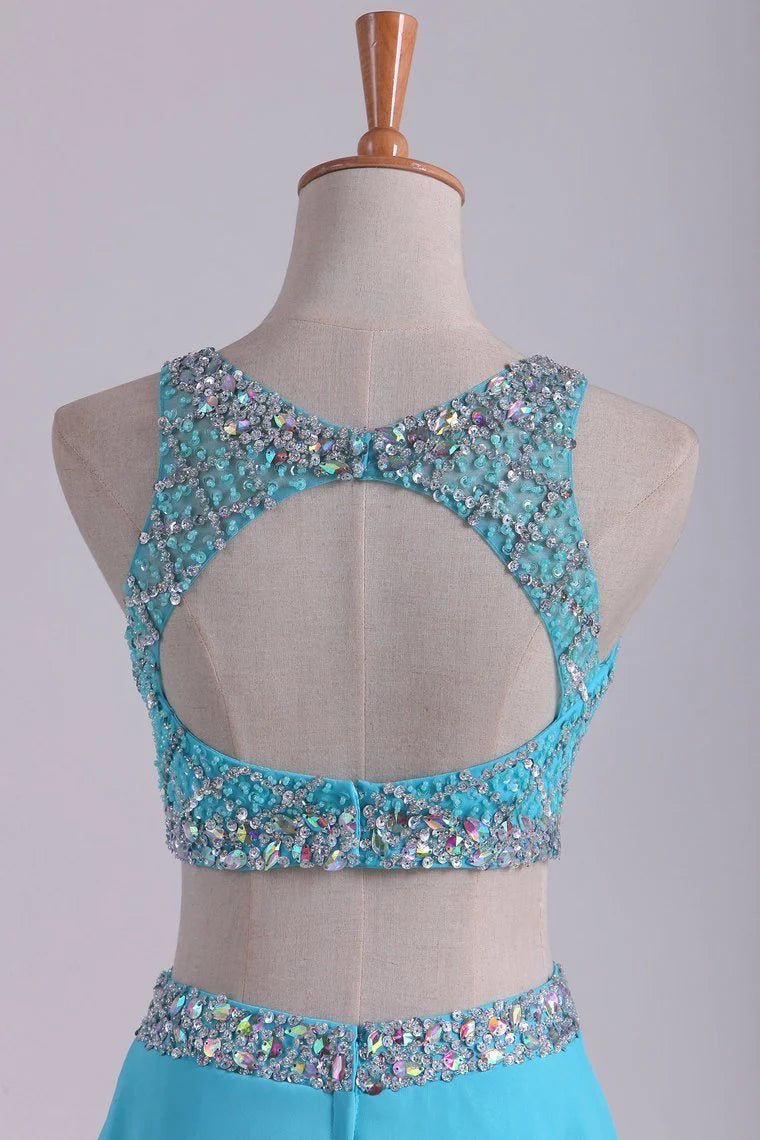 Bateau Two Pieces Party Dresses A Line Beaded Bodice Open Back Floor Length Chiffon & Tulle
