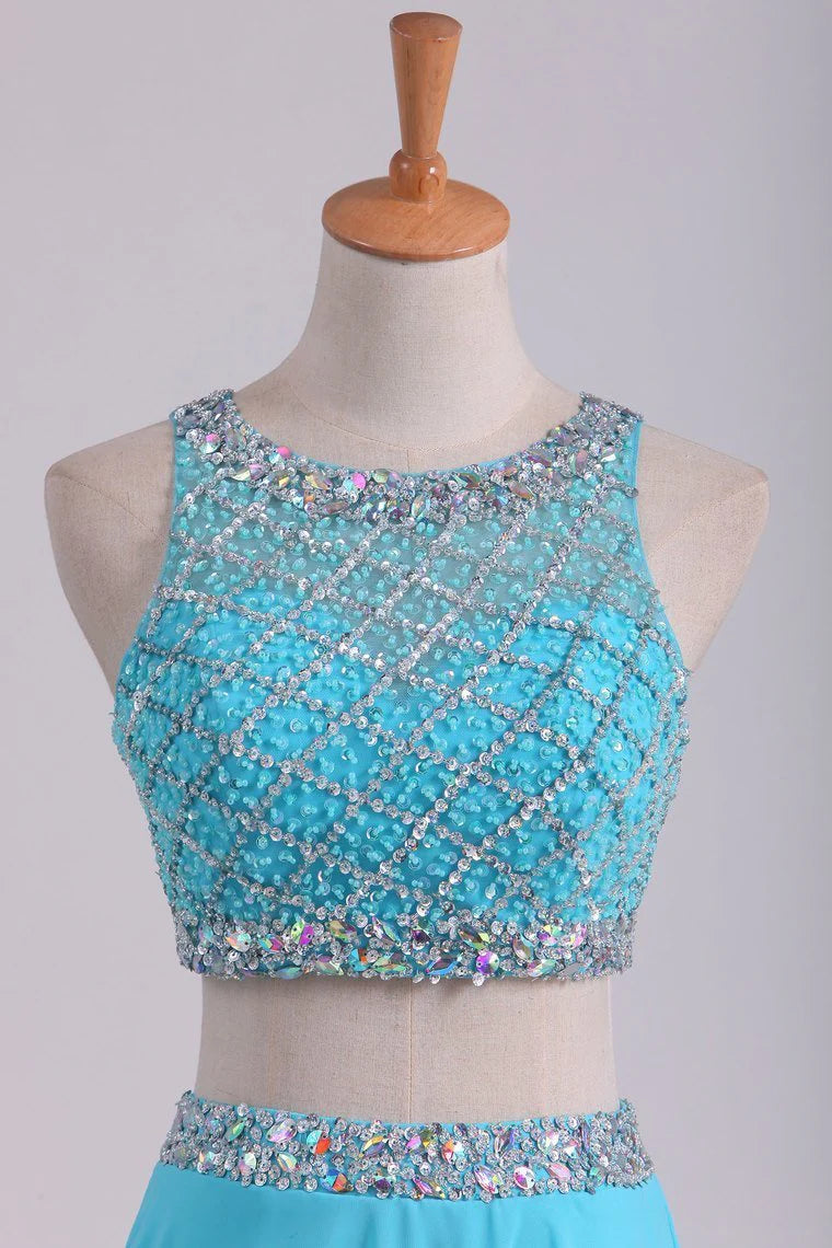 Bateau Two Pieces Party Dresses A Line Beaded Bodice Open Back Floor Length Chiffon & Tulle
