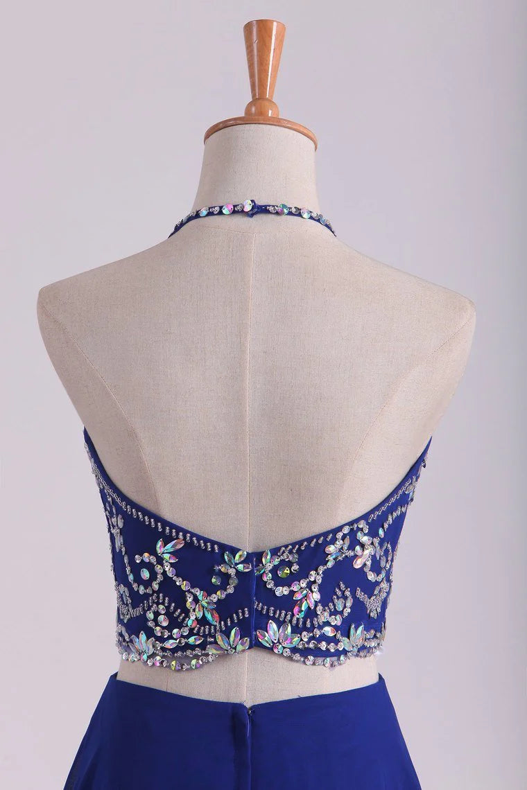 Bateau Two Pieces Party Dresses Dark Royal Blue A Line Beaded Bodice Open Back Floor Length Chiffon & Tulle