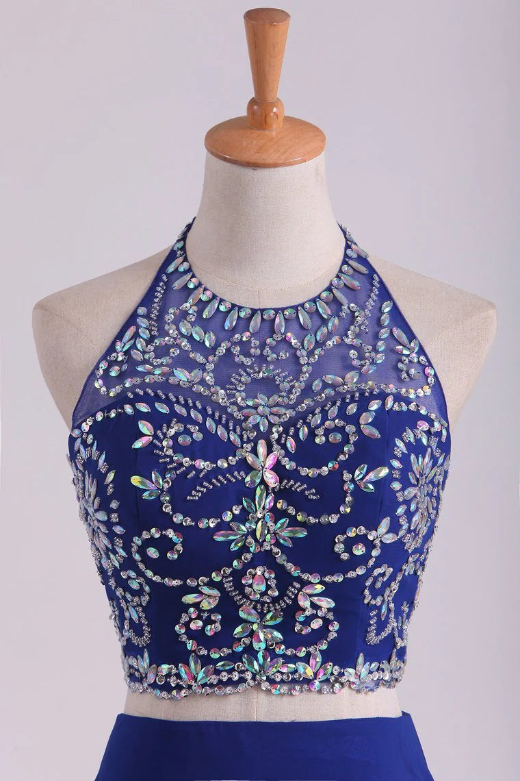 Bateau Two Pieces Party Dresses Dark Royal Blue A Line Beaded Bodice Open Back Floor Length Chiffon & Tulle
