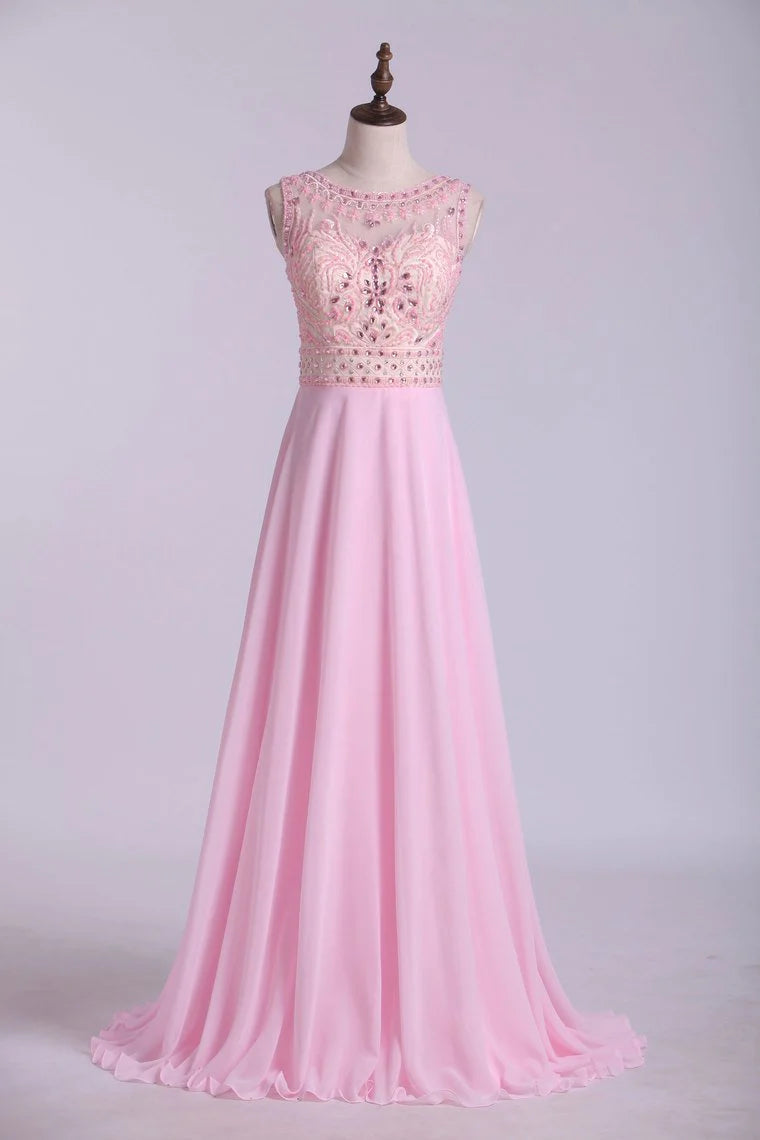 Beaded Bodice Bateau Party Dresses Chiffon Floor Length