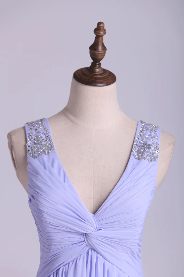 Party Dresses A Line V Neck Floor Length Chiffon With Beaded Straps