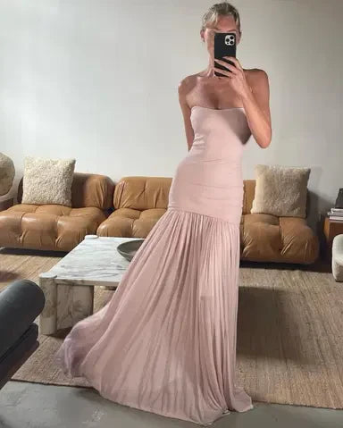 Buyishang Beautiful Mermaid Strapless Neckline Pink Long Chiffon Party Dresses Prom Dress