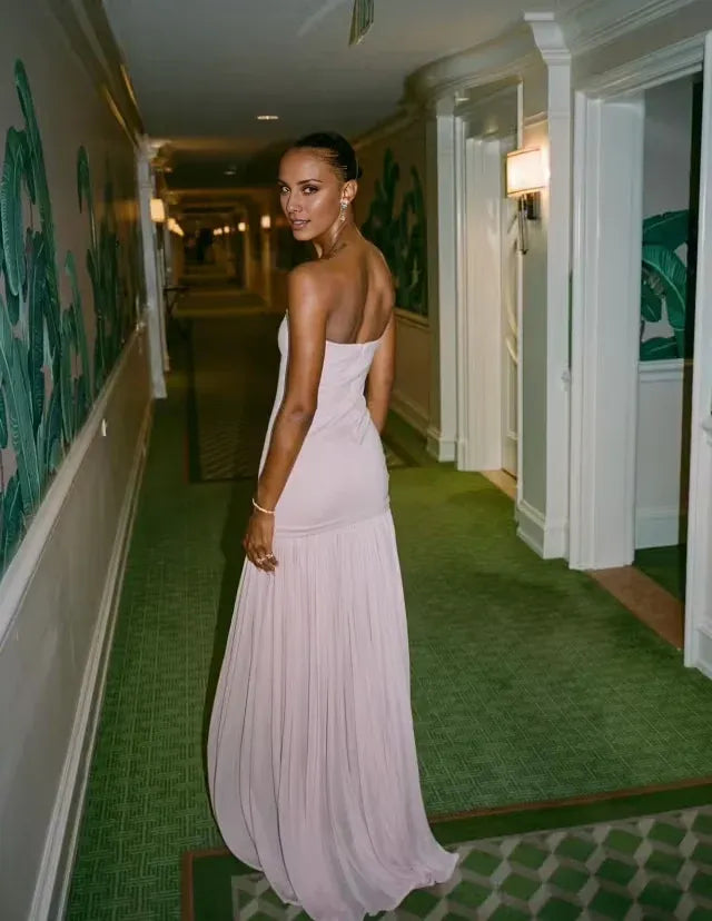 Buyishang Beautiful Mermaid Strapless Neckline Pink Long Chiffon Party Dresses Prom Dress