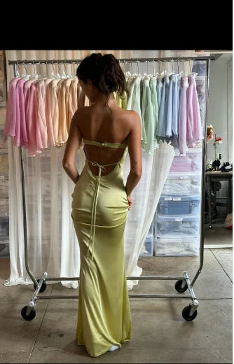 Buyishang Beautiful Mermaid Strapless Neckline Yellow Long Satin Party Dresses Prom Dress