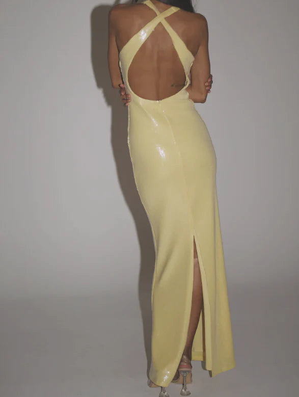 Buyishang Beautiful Mermaid V Neckline Yellow Long Sequin Party Dresses Prom Dress