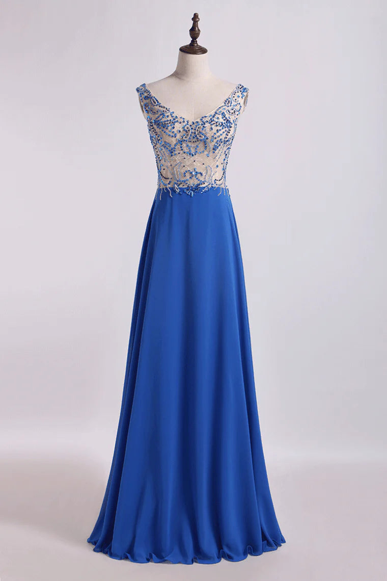 Party Dress Beaded Lace Bodice Chiffon Floor Length