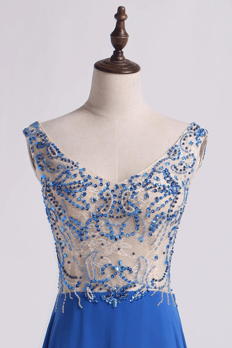 Party Dress Beaded Lace Bodice Chiffon Floor Length