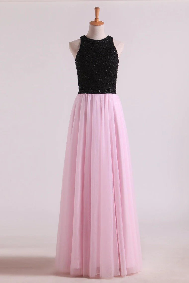 Party Dresses A-Line Scoop Floor-Length Tulle Black Bodice Zipper Back