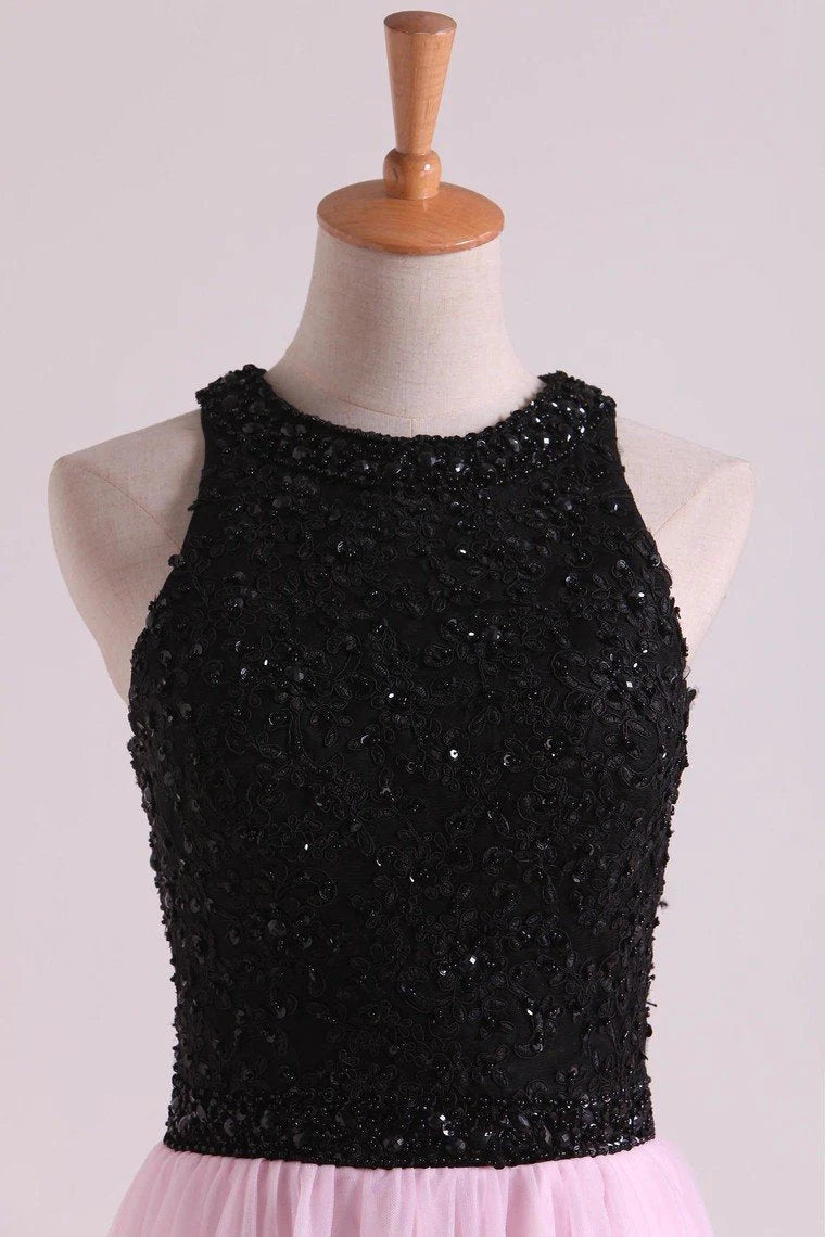 Party Dresses A-Line Scoop Floor-Length Tulle Black Bodice Zipper Back