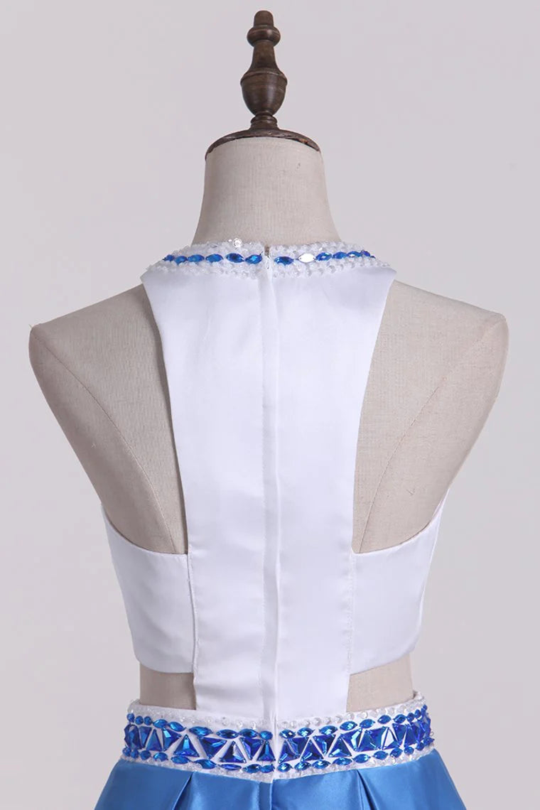 Bicolor Scoop A Line Party Dresses Satin With Beading Sweep Train