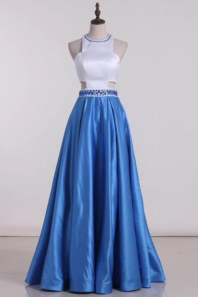 Bicolor Scoop A Line Party Dresses Satin With Beading Sweep Train