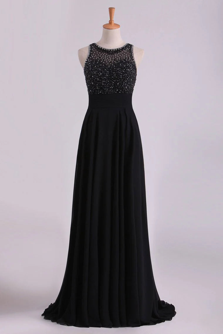 Open Back Party Dresses Scoop A Line Chiffon With Beading