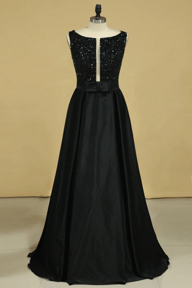 Party Dresses Black Bodice Scoop Satin Floor Length Beaded & Belt
