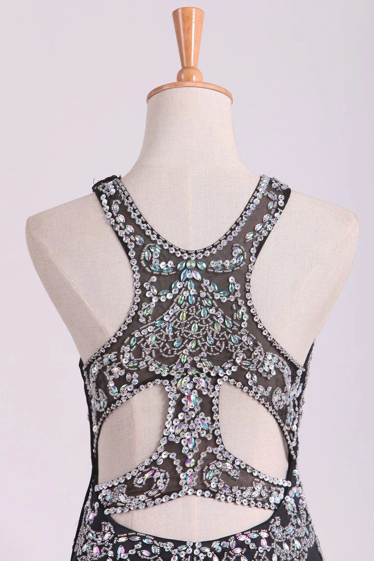 Mermaid Beaded Bodice Open Back Party Dresses Satin Floor Length