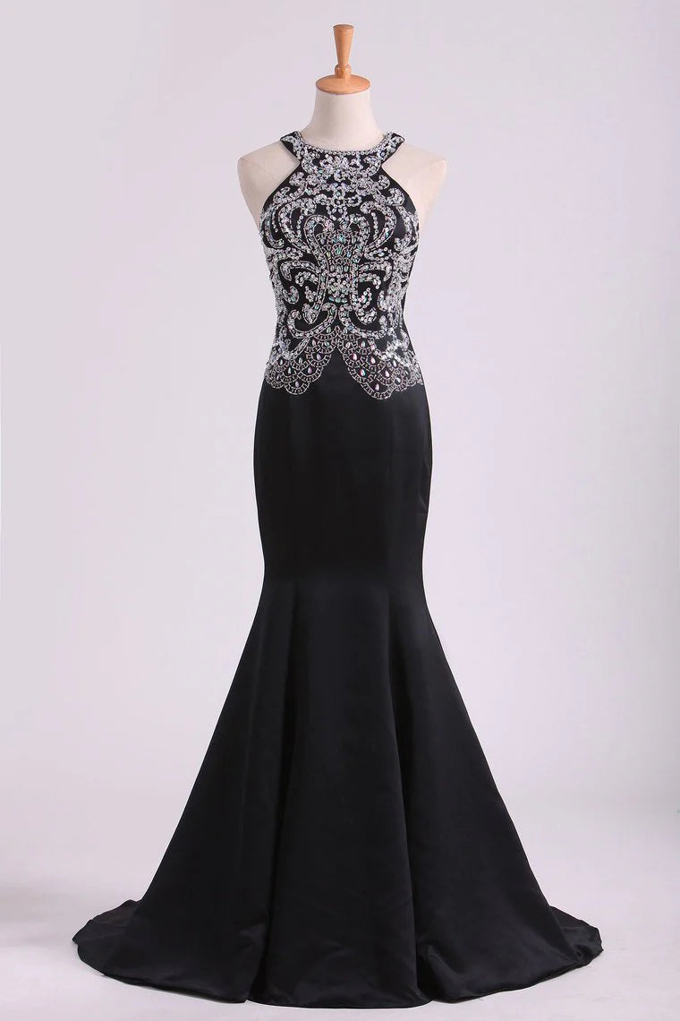 Mermaid Beaded Bodice Open Back Party Dresses Satin Floor Length