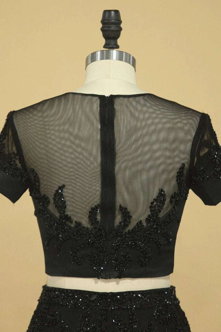 Two Pieces Scoop Short Sleeves Mermaid Party Dresses With Beading Tulle