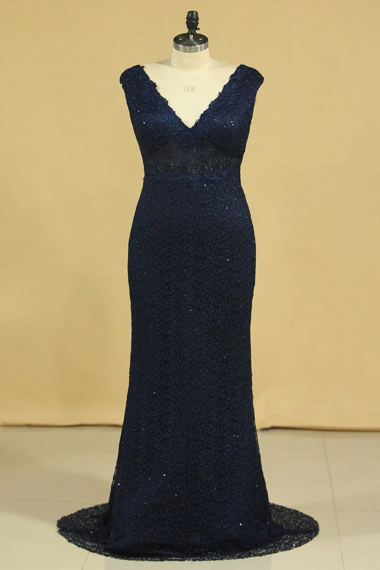 V Neck Party Dresses Sheath Lace Deep V Back Sweep Train Plus Size