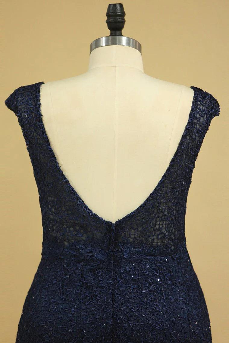 V Neck Party Dresses Sheath Lace Deep V Back Sweep Train Plus Size