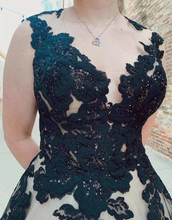 Buyishang Black Champagne Open Back Court Train Wedding Dress With Appliques