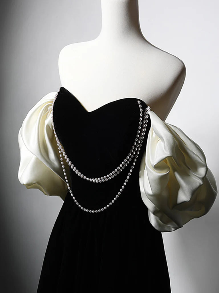 Buyishang A-Line Velvet Tea Length Black Prom Dress Tea Length Black Formal Dress