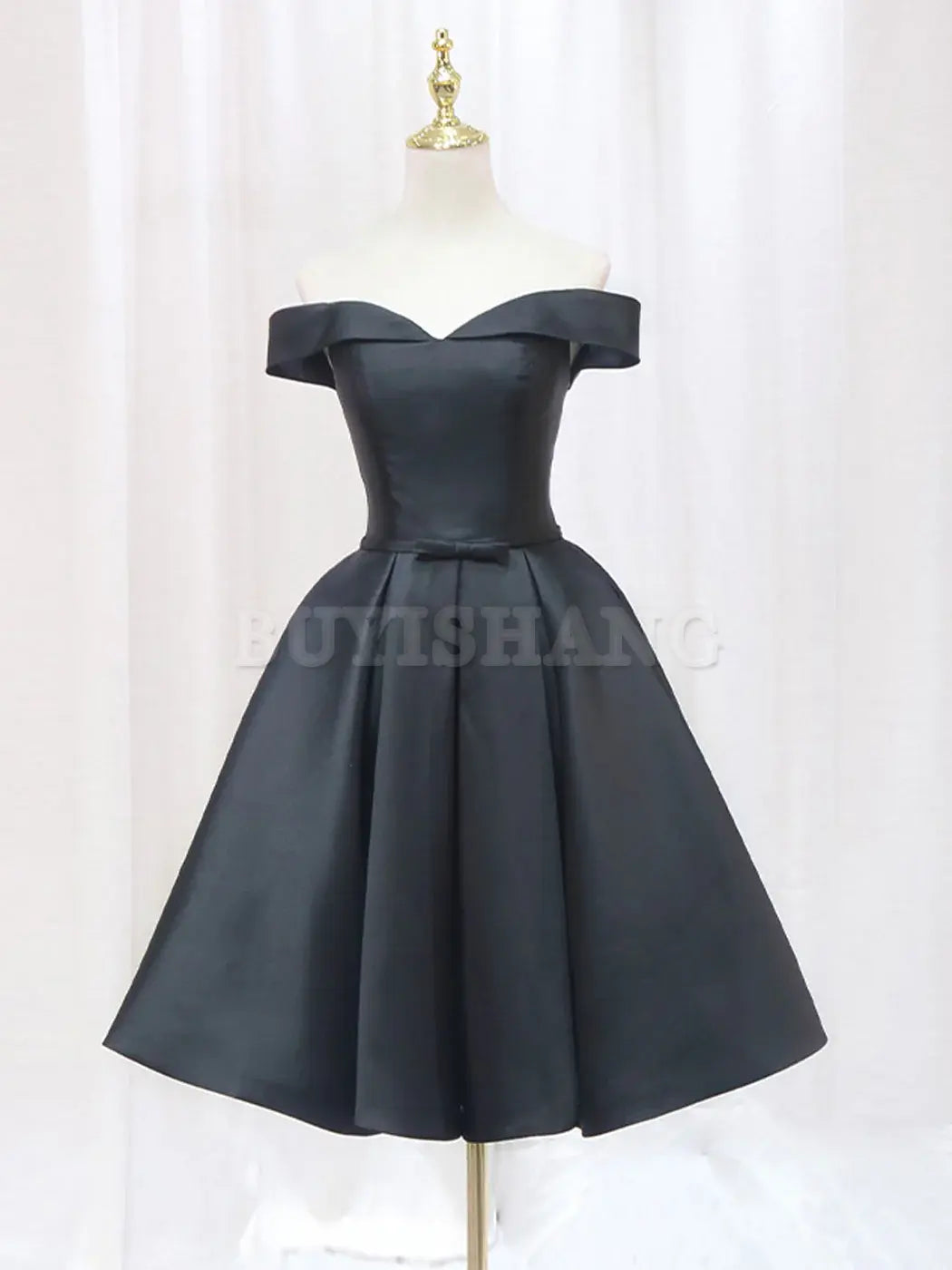 Buyishang Black Off Shoulder Satin Short Prom Dress Black Homecoming Dress prom dresses shops