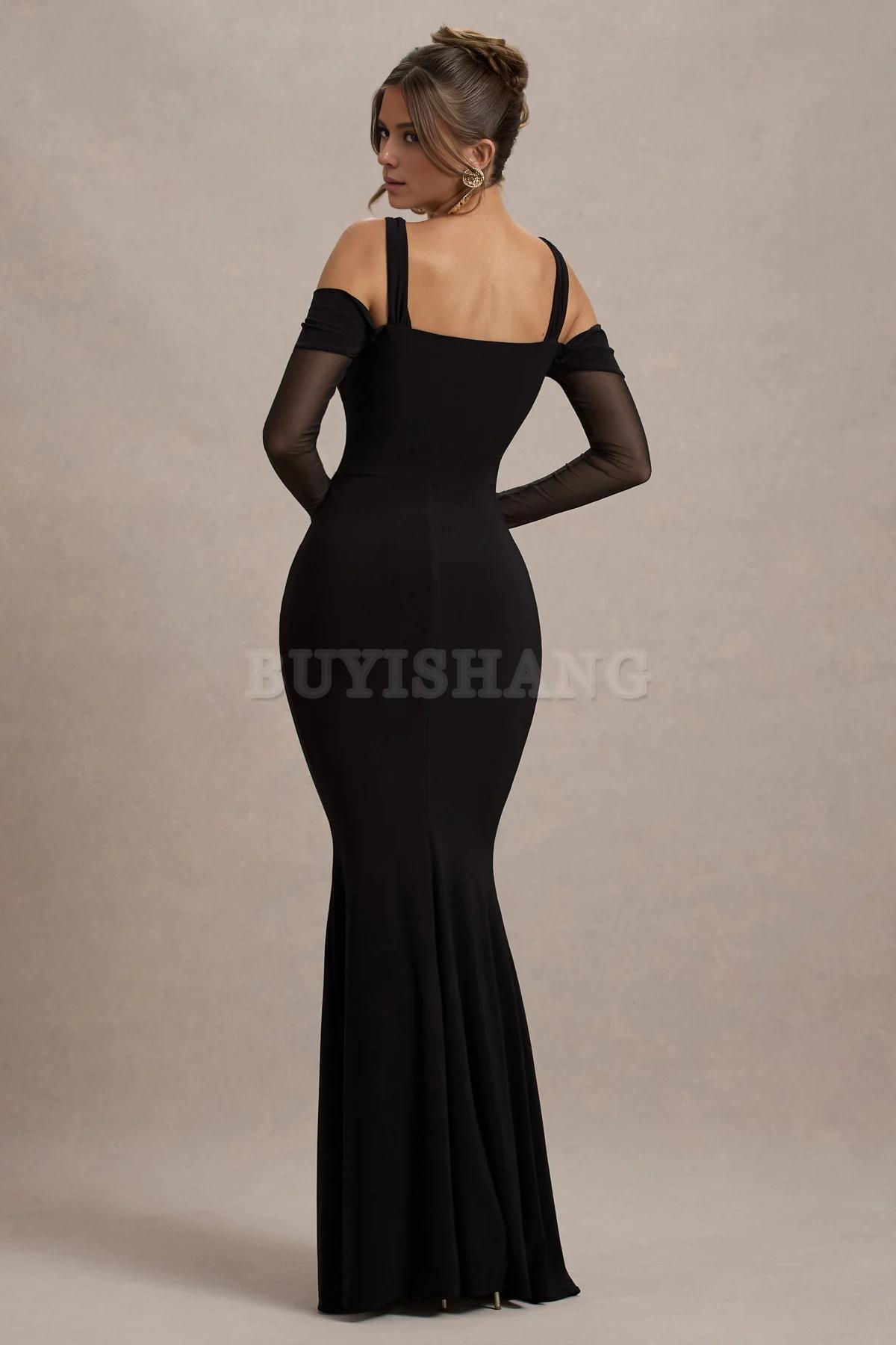 Buyishang Black Square-Neck Draped Wrap Maxi Dress With Long Sleeves formal wear dresses