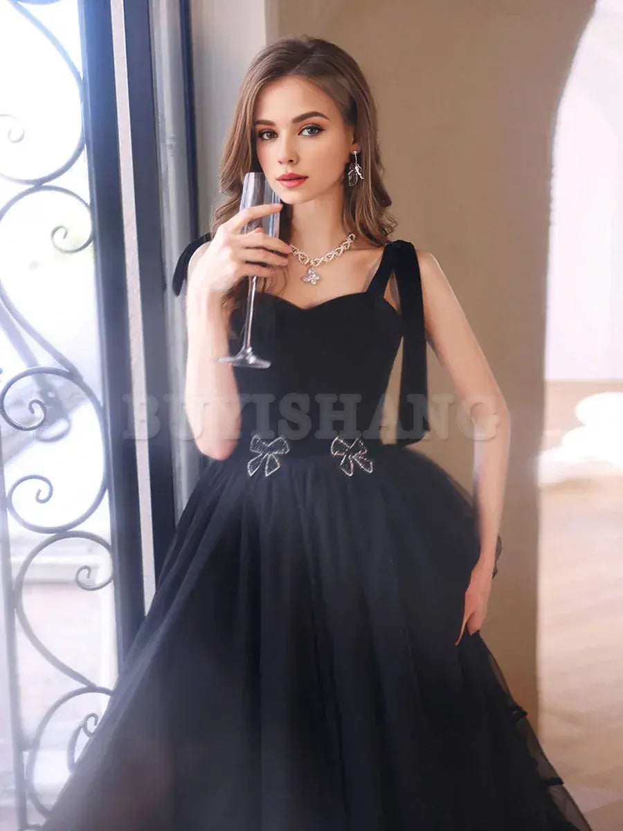 Buyishang Black Sweetheart Tulle Long Prom Dress Black Tulle Formal Graduation Dresses prom dress in store