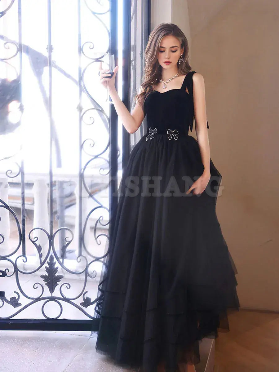 Buyishang Black Sweetheart Tulle Long Prom Dress Black Tulle Formal Graduation Dresses prom dress in store