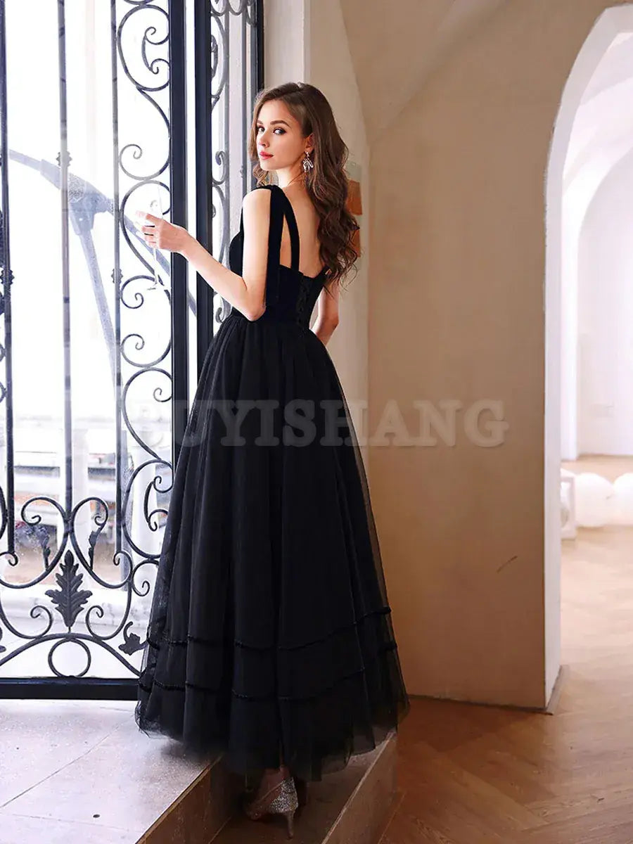 Buyishang Black Sweetheart Tulle Long Prom Dress Black Tulle Formal Graduation Dresses prom dress in store