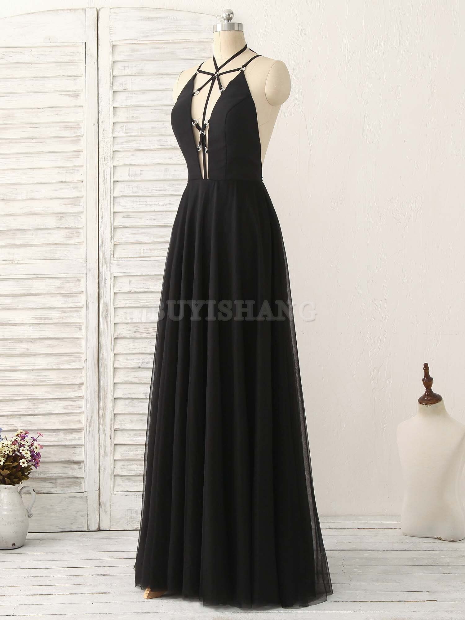 Buyishang Black Tulle Backless Long Prom Dress Black Evening Dress Bridesmaid dress shop ﻿