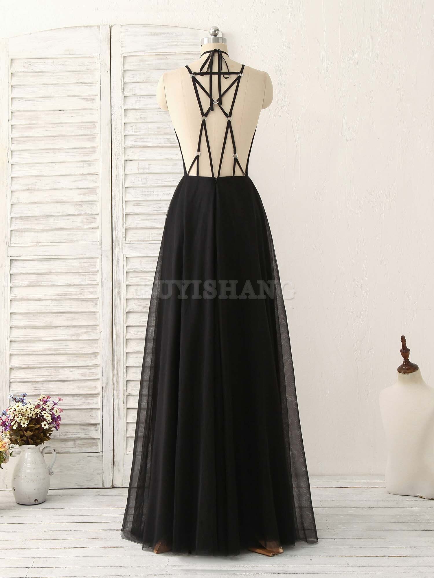 Buyishang Black Tulle Backless Long Prom Dress Black Evening Dress Bridesmaid dress shop ﻿