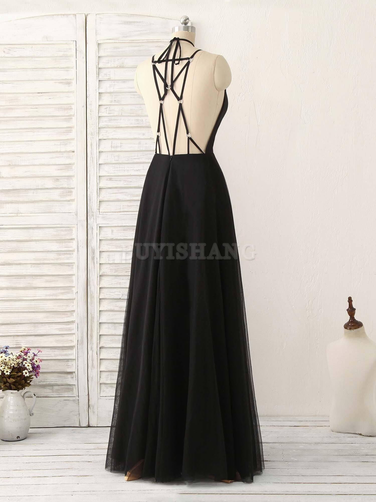 Buyishang Black Tulle Backless Long Prom Dress Black Evening Dress Bridesmaid dress shop ﻿