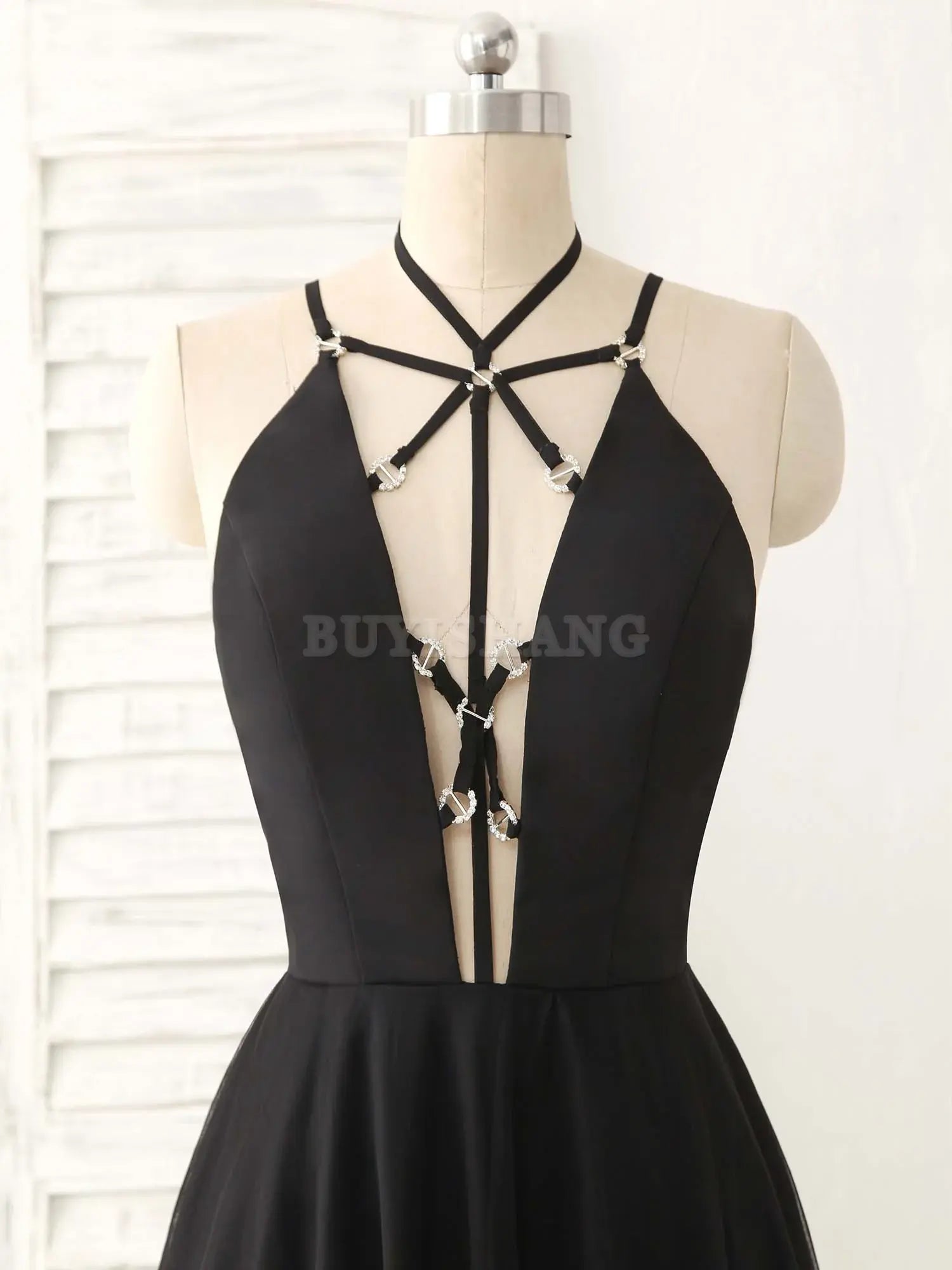 Buyishang Black Tulle Backless Long Prom Dress Black Evening Dress Bridesmaid dress shop ﻿