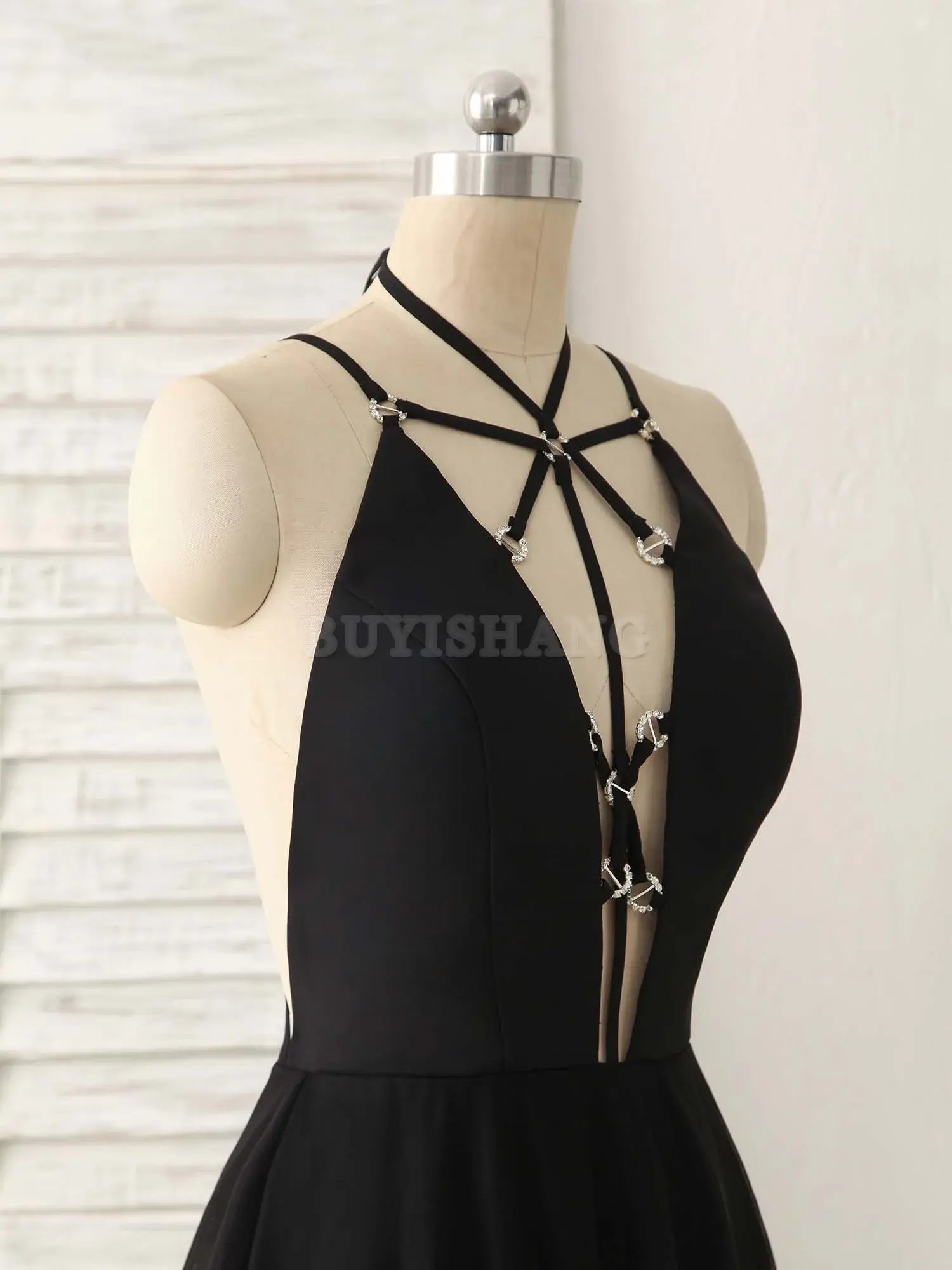 Buyishang Black Tulle Backless Long Prom Dress Black Evening Dress Bridesmaid dress shop ﻿