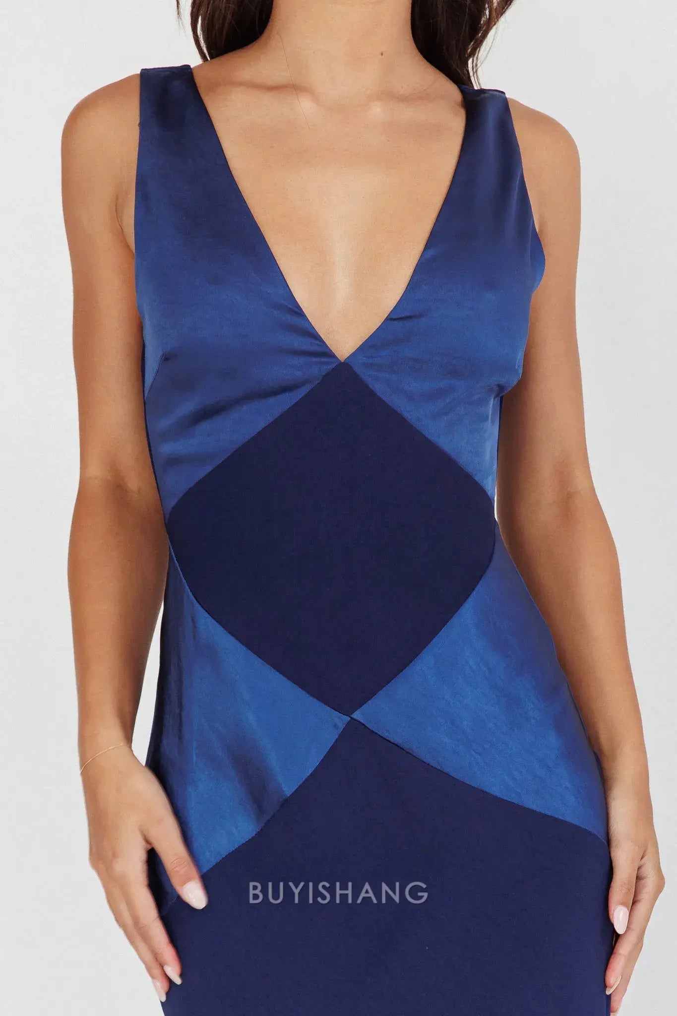 Fashionable Block Satin Maxi Dress with Deep V - Neck and Open Back prom dress