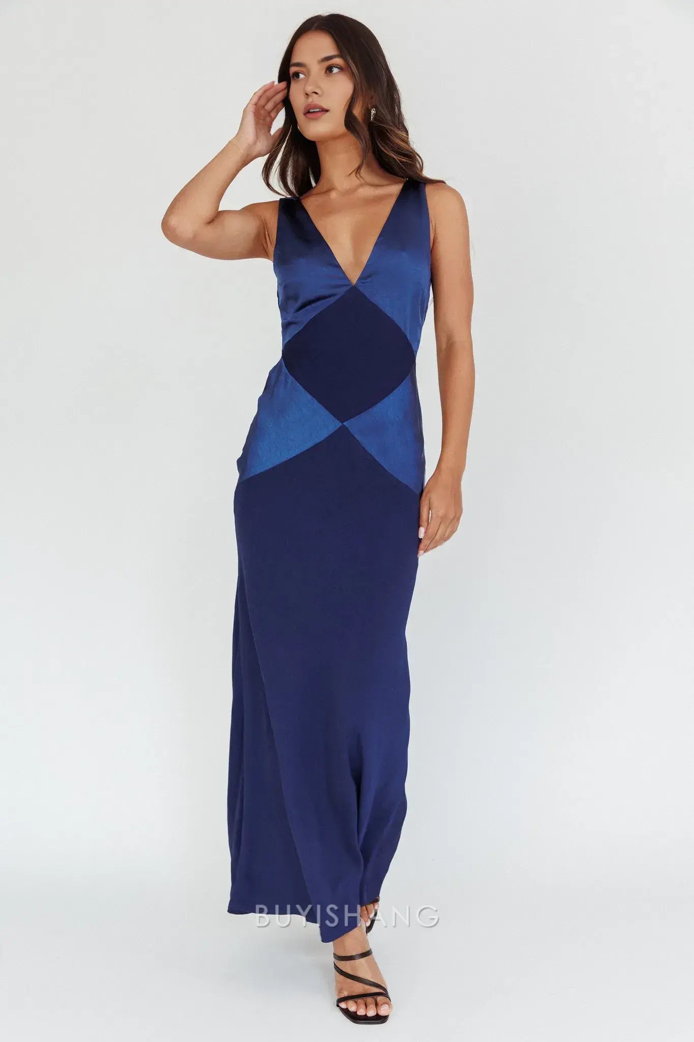 Fashionable Block Satin Maxi Dress with Deep V - Neck and Open Back prom dress