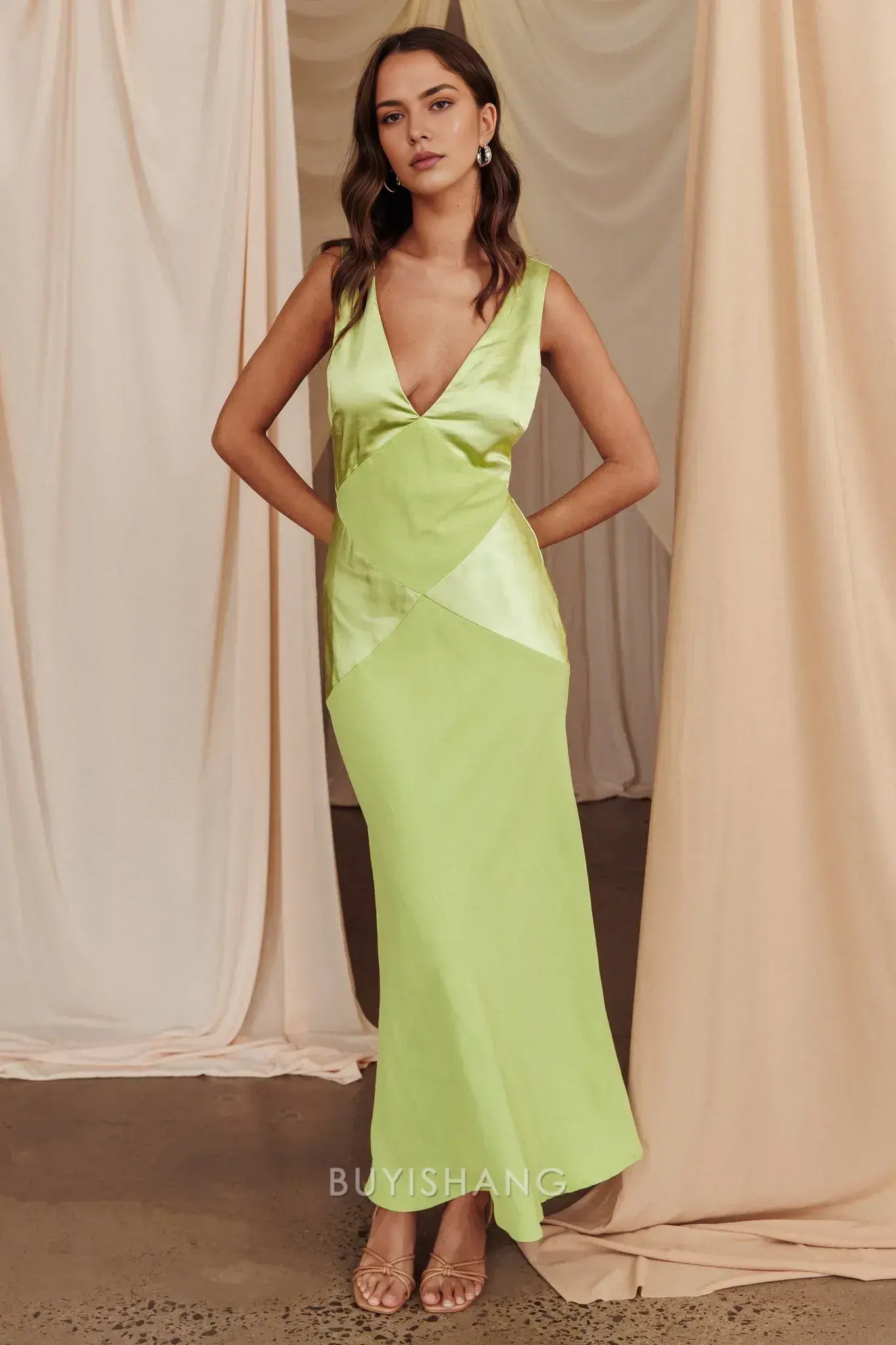 Fashionable Block Satin Maxi Dress with Deep V - Neck and Open Back prom dress