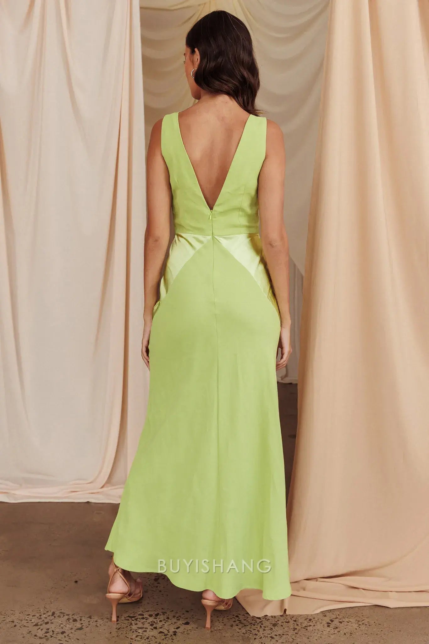 Fashionable Block Satin Maxi Dress with Deep V - Neck and Open Back prom dress