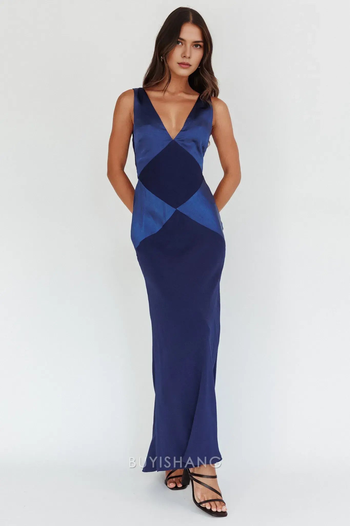 Fashionable Block Satin Maxi Dress with Deep V - Neck and Open Back prom dress