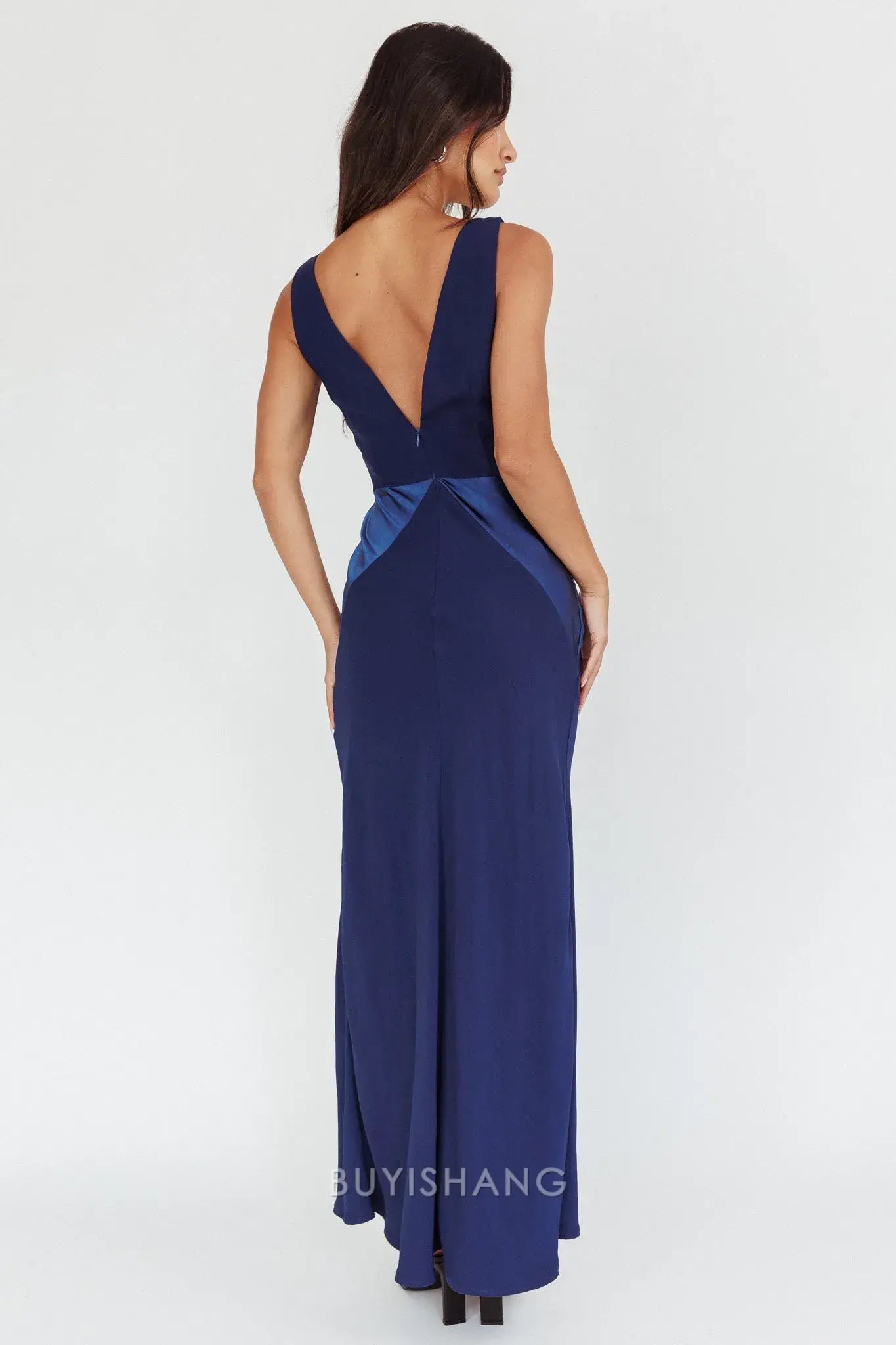 Fashionable Block Satin Maxi Dress with Deep V - Neck and Open Back prom dress